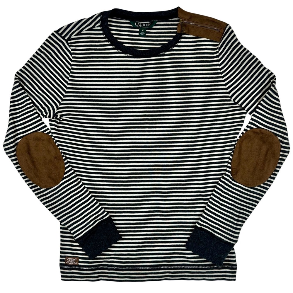 Lauren Ralph Lauren Striped Long Sleeve Top Navy White Suede Elbow Patch M
